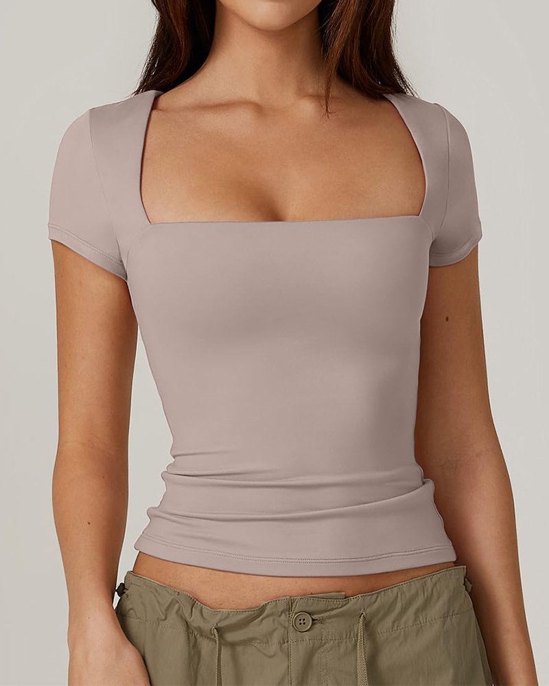 Vibecurve® Women's Square Neck Short Sleeve T Shirts Double Lined Basic Tee Slim Fit Tops