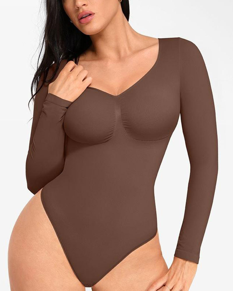 Vibecurve® Womenswear Seamless Sculpt Long Sleeve Thong Bodysuit for Tummy Control