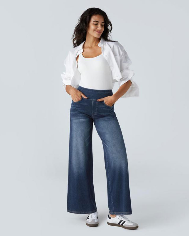 🔥Vibecurve® High Waisted Multiple Pockets Baggy Wide Leg Washed Stretchy Knit Casual Jeans