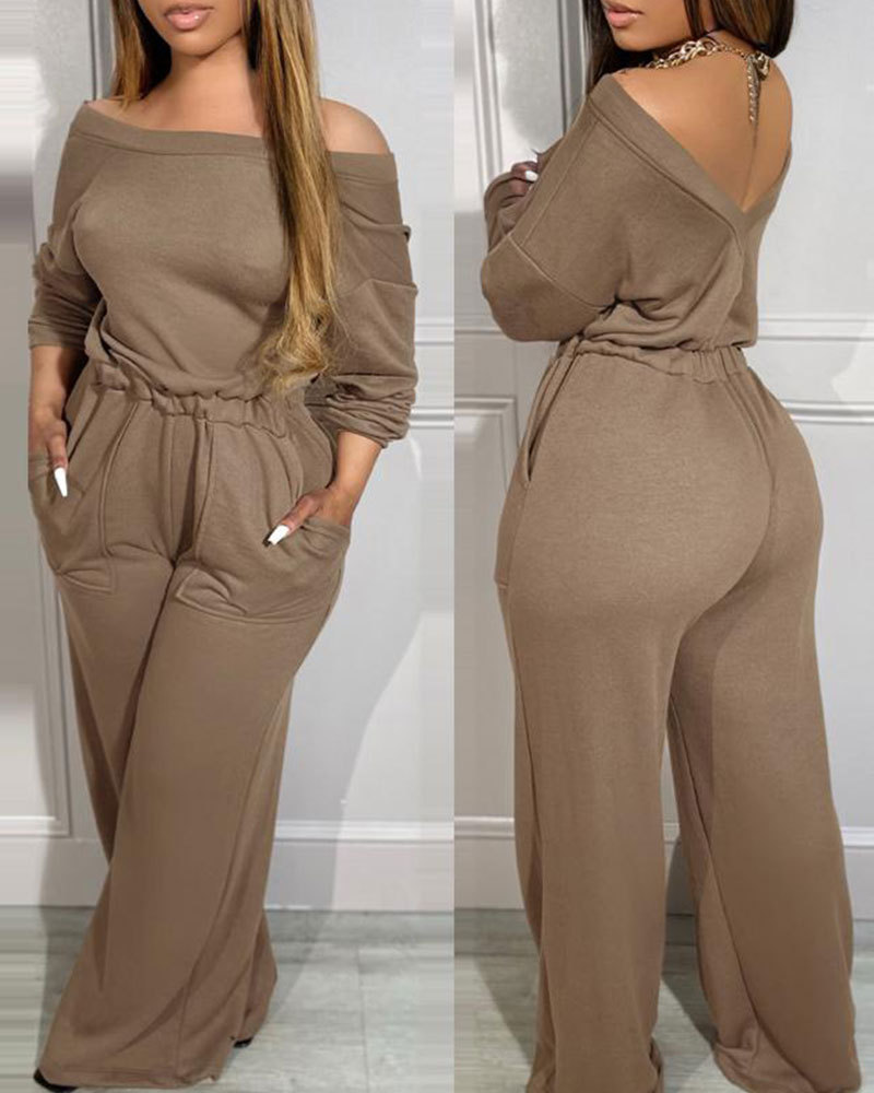 Vibecurve® Off Shoulder V-Back Stretchy Waist Pocket Design Jumpsuit
