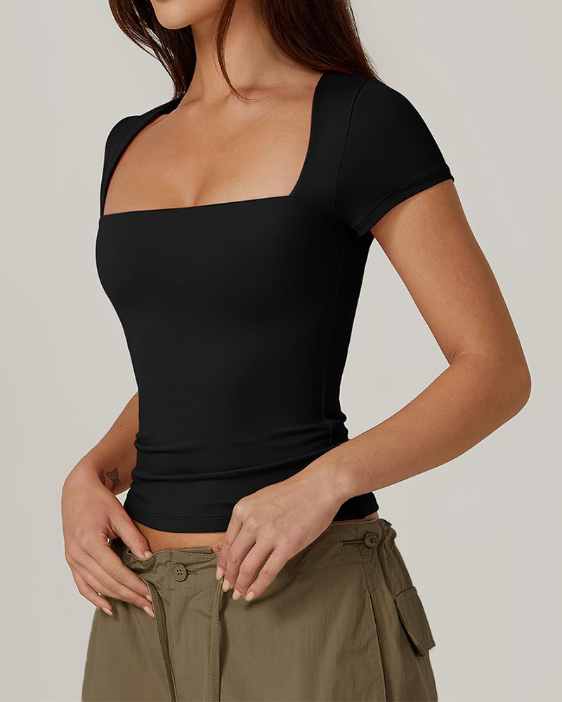 Vibecurve® Women's Square Neck Short Sleeve T Shirts Double Lined Basic Tee Slim Fit Tops