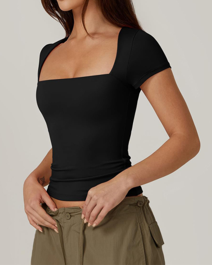 Vibecurve® Women's Square Neck Short Sleeve T Shirts Double Lined Basic Tee Slim Fit Tops