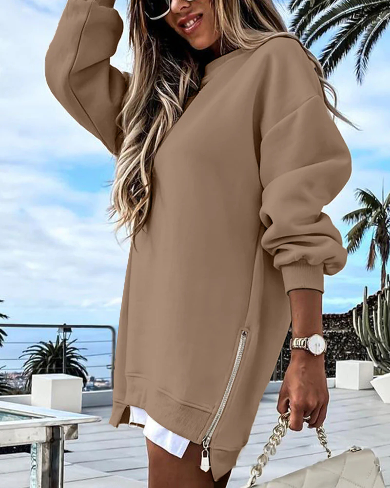 Vibecurve® Casual Long Sleeve Zipper Slit Oversized Sweatshirt