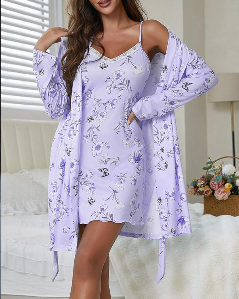 Vibecurve® Floral Print Belted Robe & Cami Nightdress Two-piece Set