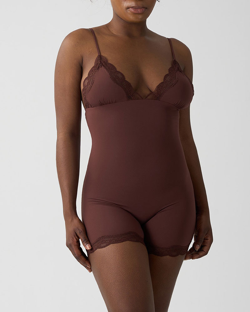 Vibecurve® Lace Trimmed Spaghetti Straps Bodysuit