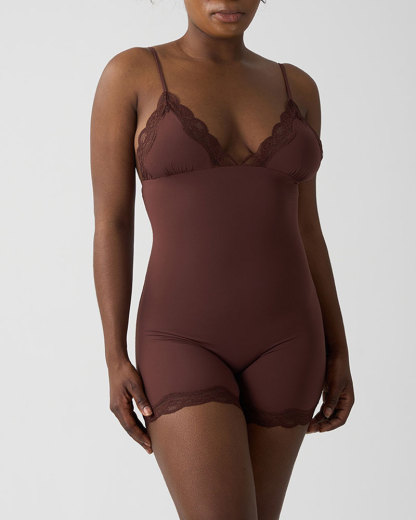 Vibecurve® Lace Trimmed Spaghetti Straps Bodysuit