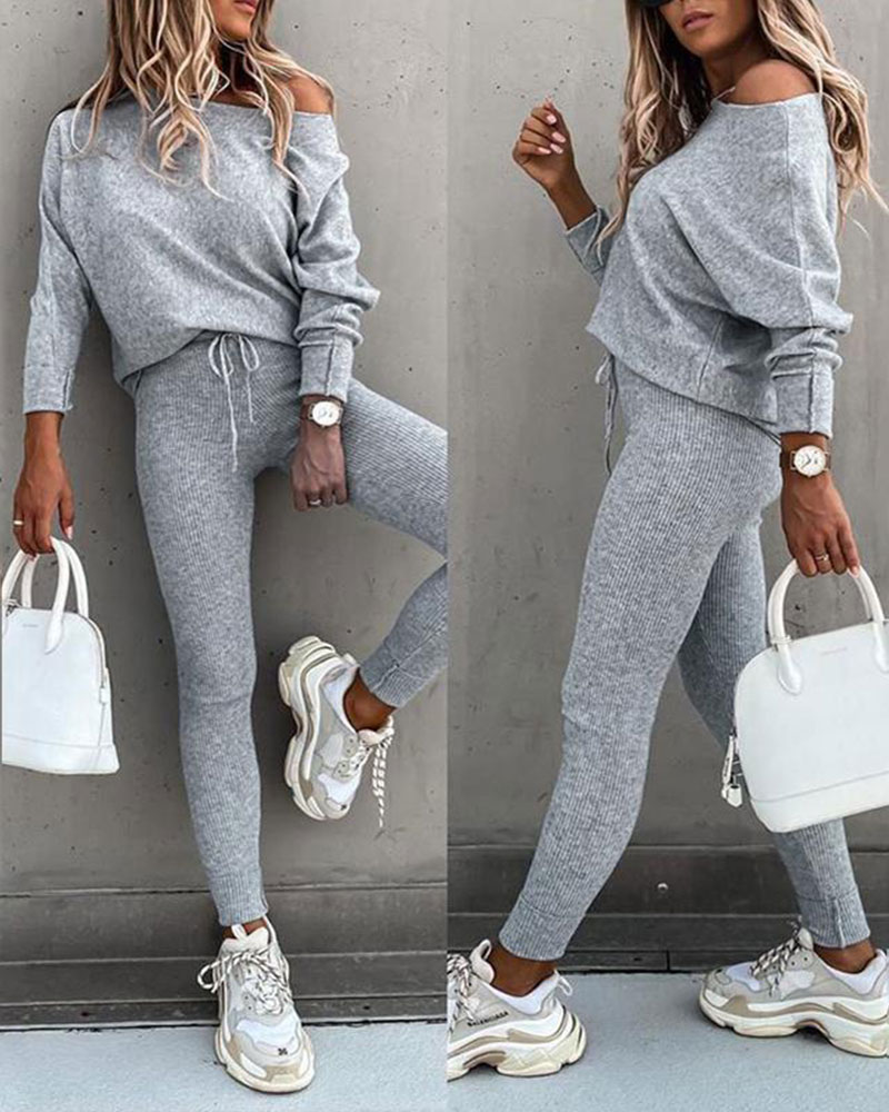 Vibecurve® Women's 2 Piece Lounge Outfit Long Sleeve Pullover Tops Drawstring High Waisted Pants Set