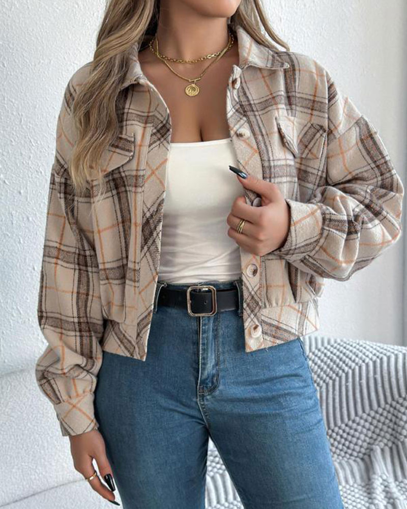 Vibecurve® Women's Chic Plaid Print Button Front Drop Shoulder Jacket