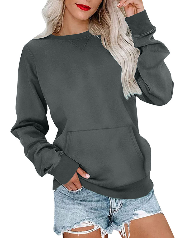 Vibecurve® Women's Crewneck Hoodless Sweatshirt With Kangaroo Pocket