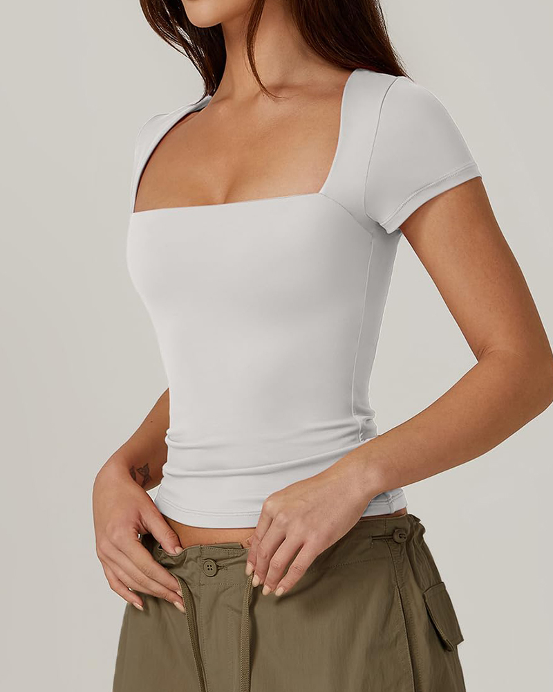 Vibecurve® Women's Square Neck Short Sleeve T Shirts Double Lined Basic Tee Slim Fit Tops