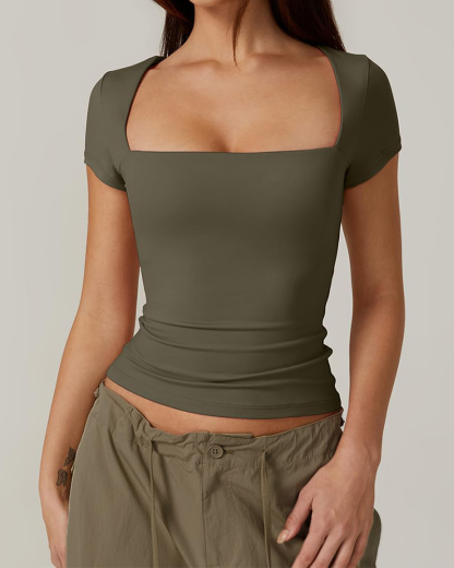 Vibecurve® Women's Square Neck Short Sleeve T Shirts Double Lined Basic Tee Slim Fit Tops