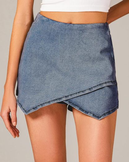 luvamia Jean Skorts for Woman High Waisted Pull On Stretchy Denim Wrap Skirt with Shorts Trendy Asymmetrical Skort