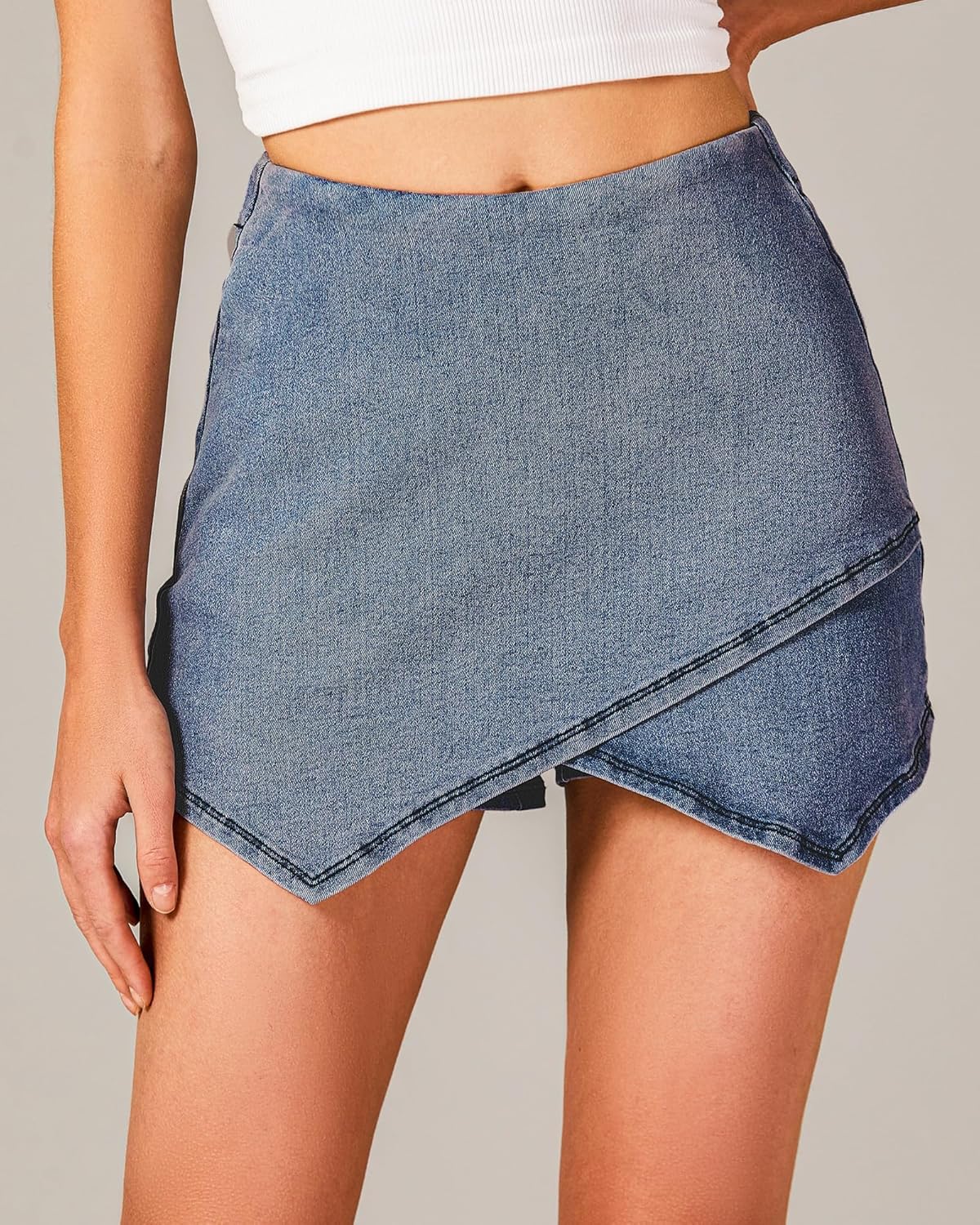 luvamia Jean Skorts for Woman High Waisted Pull On Stretchy Denim Wrap Skirt with Shorts Trendy Asymmetrical Skort