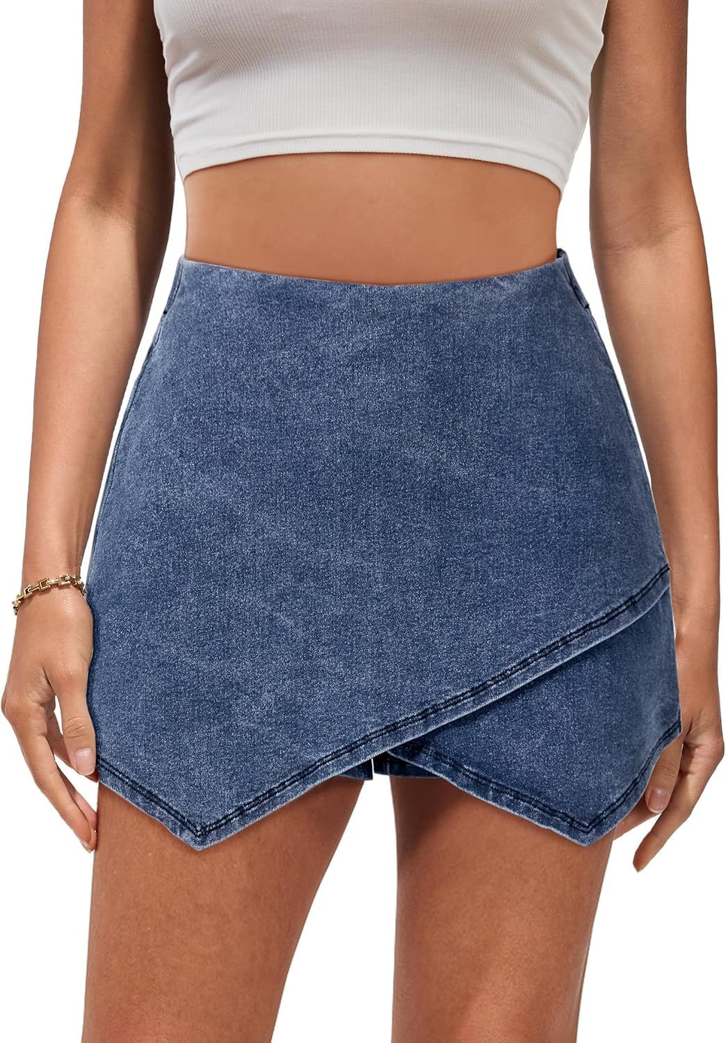 luvamia Jean Skorts for Woman High Waisted Pull On Stretchy Denim Wrap Skirt with Shorts Trendy Asymmetrical Skort