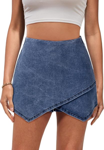 luvamia Jean Skorts for Woman High Waisted Pull On Stretchy Denim Wrap Skirt with Shorts Trendy Asymmetrical Skort