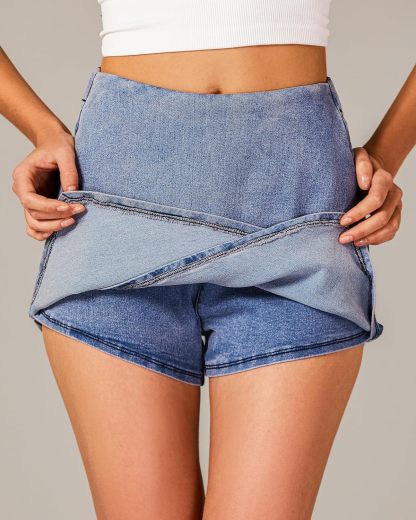 luvamia Jean Skorts for Woman High Waisted Pull On Stretchy Denim Wrap Skirt with Shorts Trendy Asymmetrical Skort