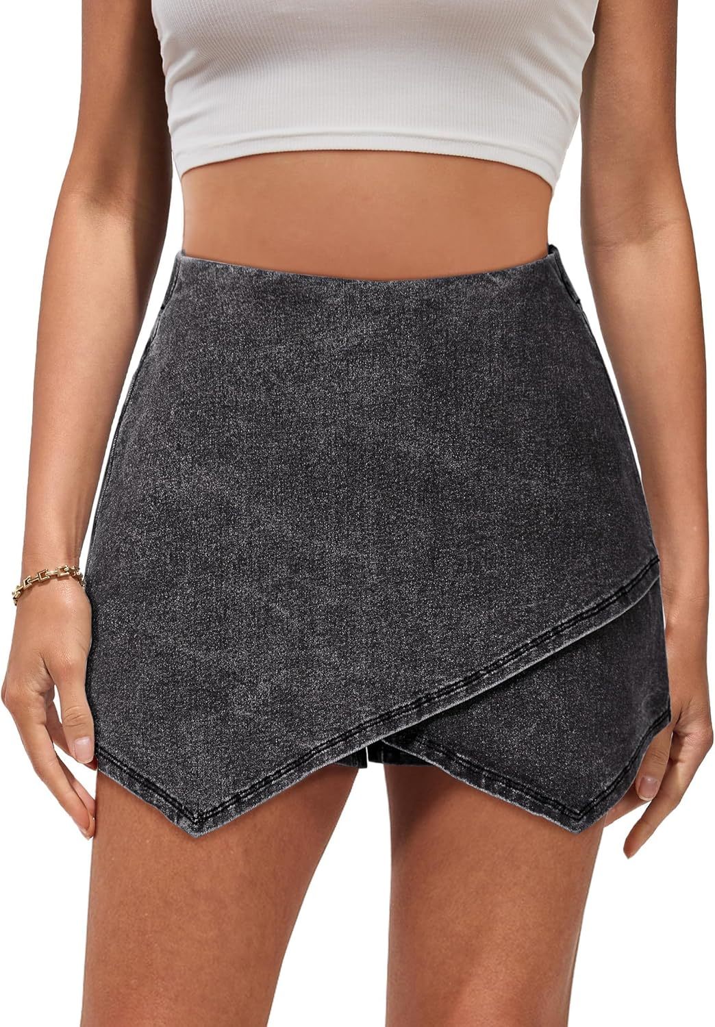 luvamia Jean Skorts for Woman High Waisted Pull On Stretchy Denim Wrap Skirt with Shorts Trendy Asymmetrical Skort