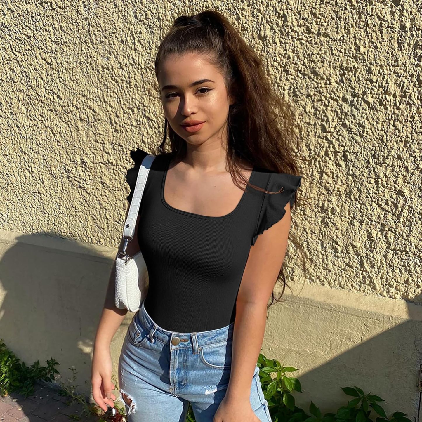 Vibecurve® Sexy Ribbed Square Neck Ruffles Sleeve Stretch Fit Basic Tank Tops Bodysuits