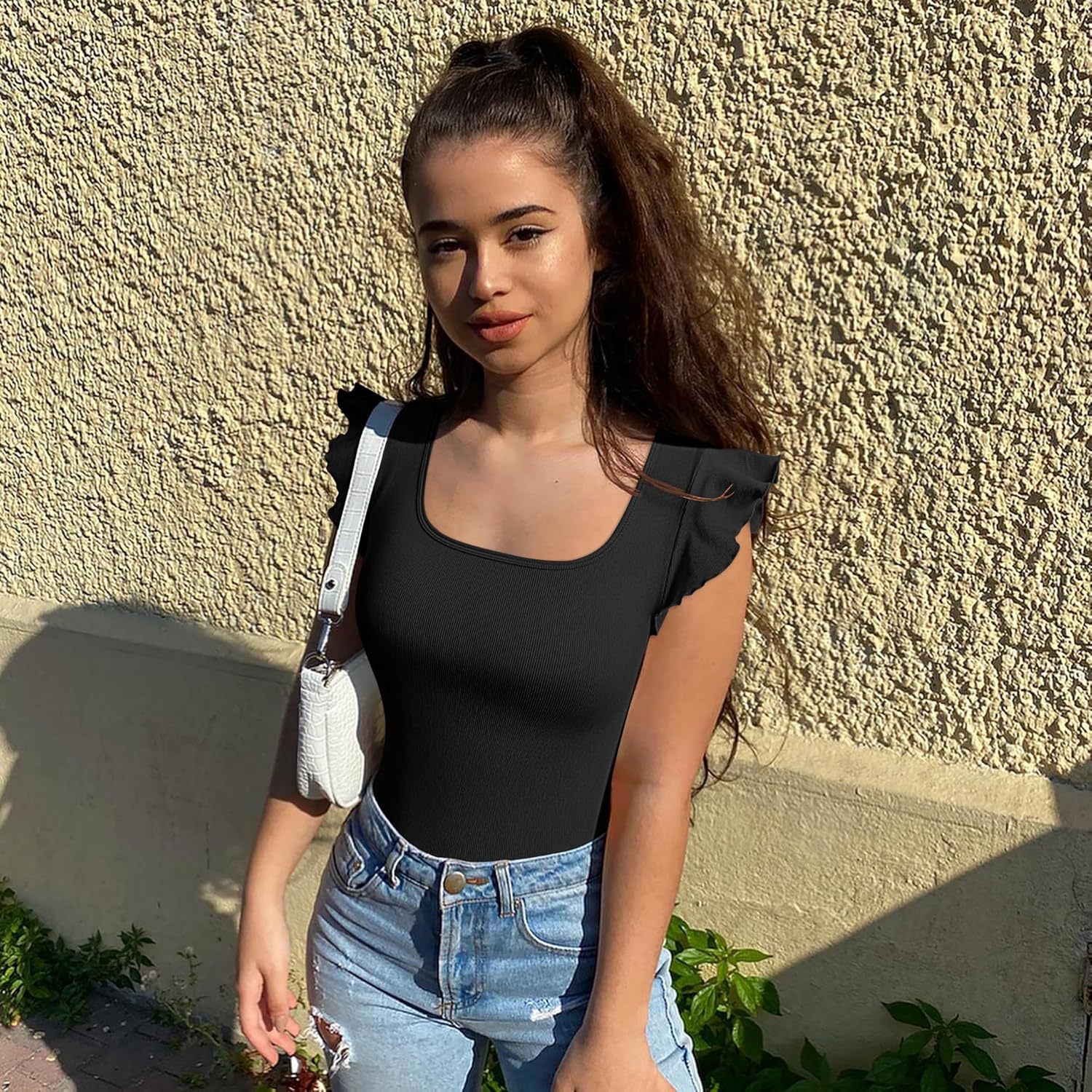 Vibecurve® Sexy Ribbed Square Neck Ruffles Sleeve Stretch Fit Basic Tank Tops Bodysuits