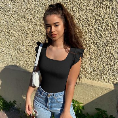 Vibecurve® Sexy Ribbed Square Neck Ruffles Sleeve Stretch Fit Basic Tank Tops Bodysuits