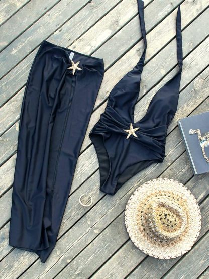 Vibecurve® One Piece Swimsuit with Cover up Skirt Starfish Swimwear Sets for Women Halter Bathing Suits Vacation Beach Dresses