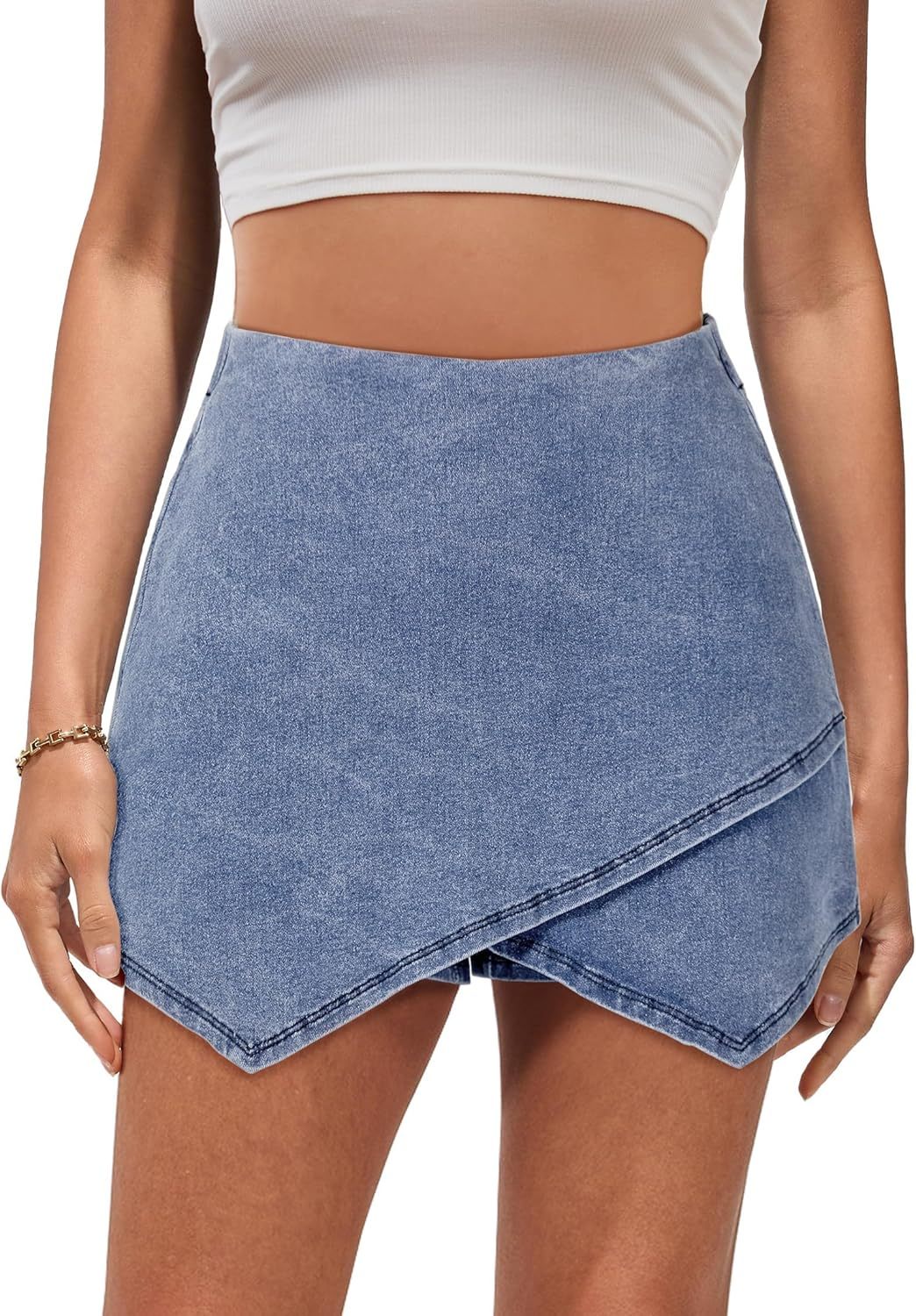 luvamia Jean Skorts for Woman High Waisted Pull On Stretchy Denim Wrap Skirt with Shorts Trendy Asymmetrical Skort