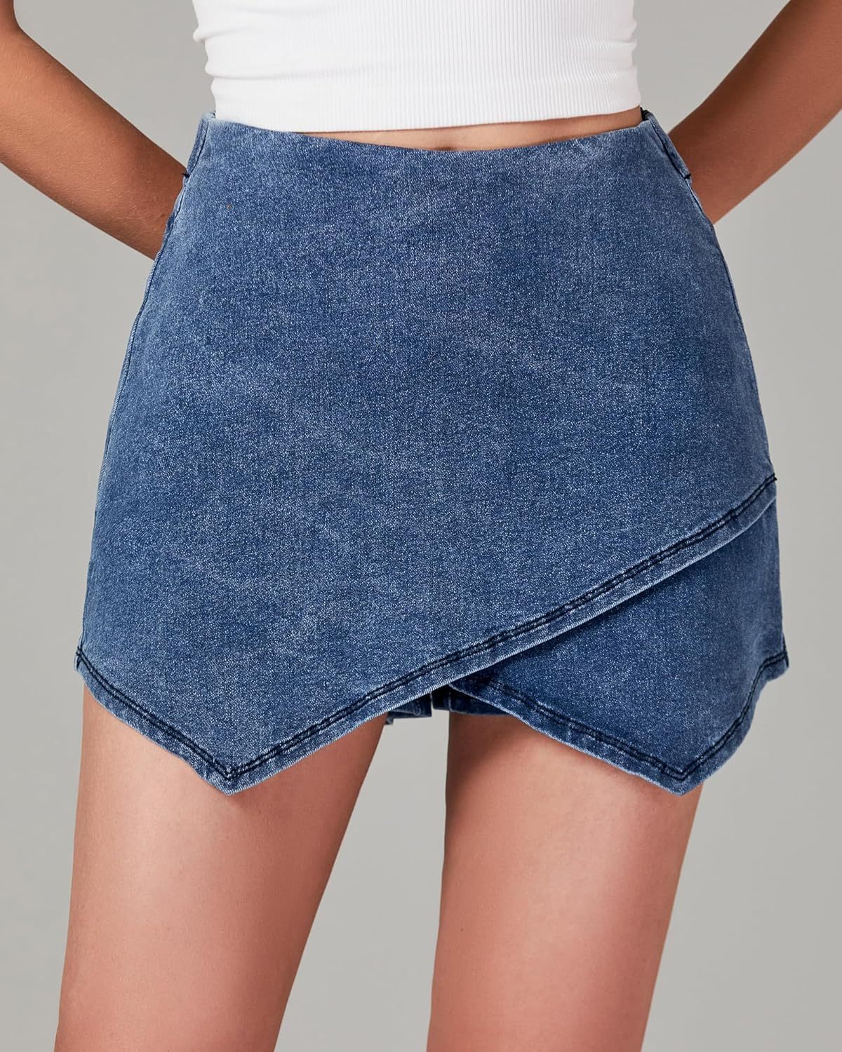 luvamia Jean Skorts for Woman High Waisted Pull On Stretchy Denim Wrap Skirt with Shorts Trendy Asymmetrical Skort