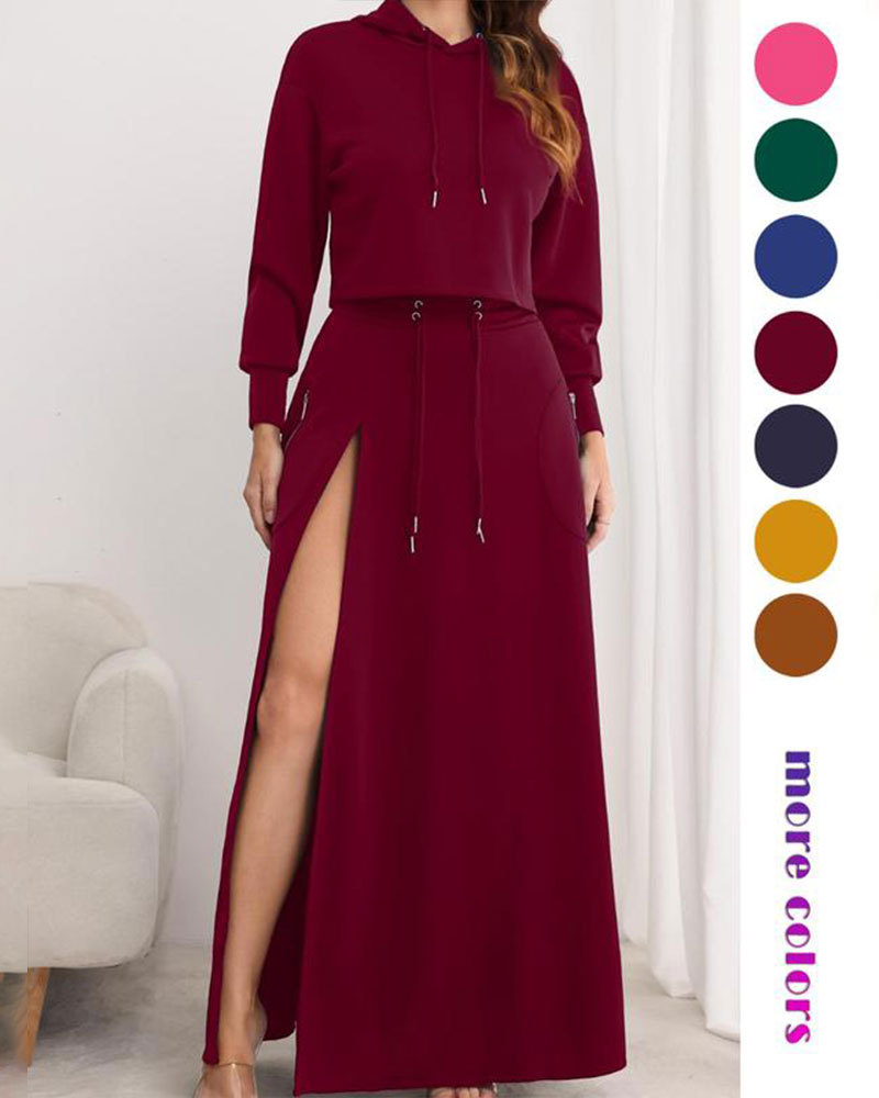 Vibecurve® Women's Solid Drawstring Hoodie & Split Thigh Skirt Set