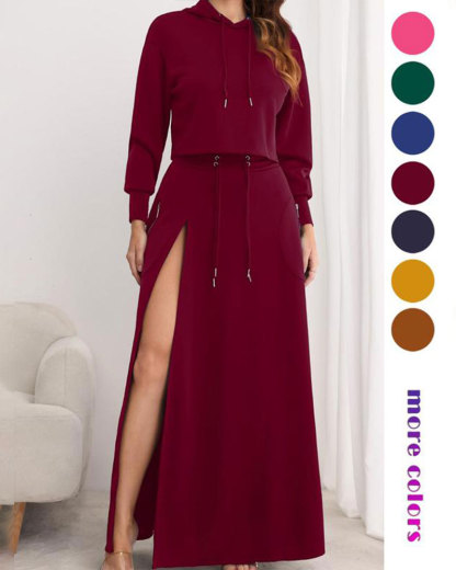 Vibecurve® Women's Solid Drawstring Hoodie & Split Thigh Skirt Set