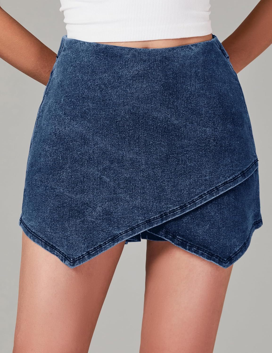 luvamia Jean Skorts for Woman High Waisted Pull On Stretchy Denim Wrap Skirt with Shorts Trendy Asymmetrical Skort