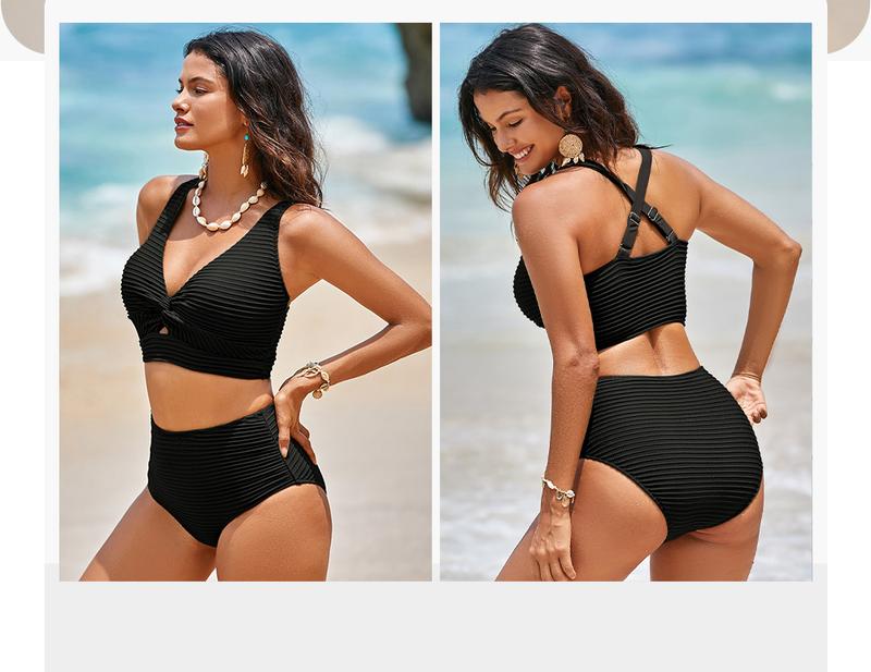 Vibecurve® Women's Textured Bikini Sets Twist Front Top Swimsuits High Waisted Bathing Suits