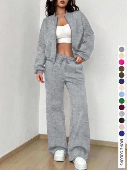 Vibecurve® Two-piece Set Women's Solid Zip Up Drop Shoulder Jacket & Pocket Elastic Waist Pants