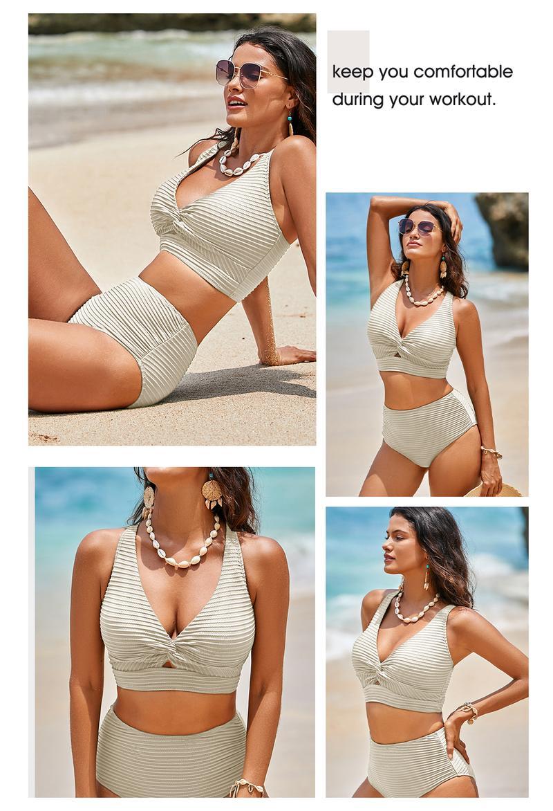 Vibecurve® Women's Textured Bikini Sets Twist Front Top Swimsuits High Waisted Bathing Suits