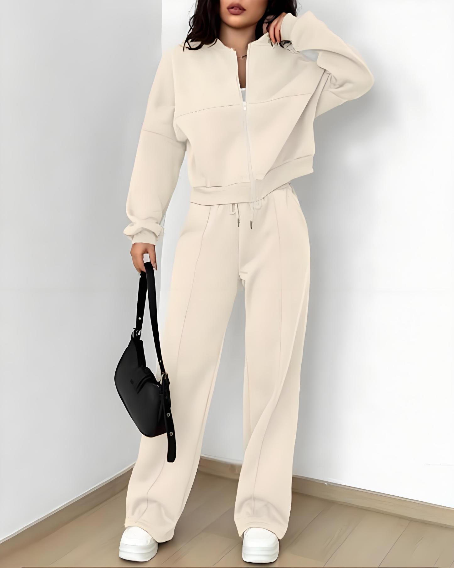 Vibecurve® Two-piece Set Women's Solid Zip Up Drop Shoulder Jacket & Pocket Elastic Waist Pants