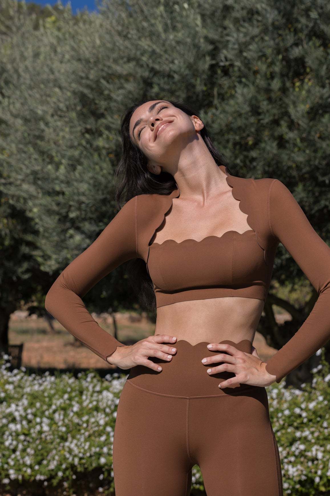 Scallop Cropped Long Sleeve Top in Roasted Cocoa