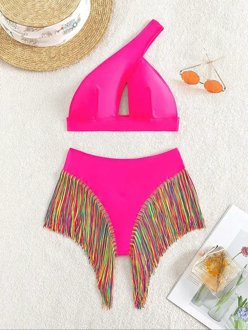 Vibecurve® Women's Solid Color Fringe Hem Bikini Set, Casual Stylish Chic Swimsuit For Beach Vacation  , Women's Swimwear For All Seasons