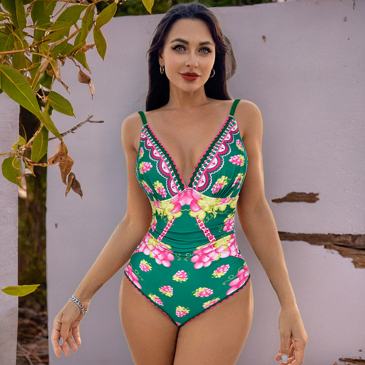 Vibecurve® Long-sleeved Retro Green Grapes Print One Piece Swimsuit and Skirt