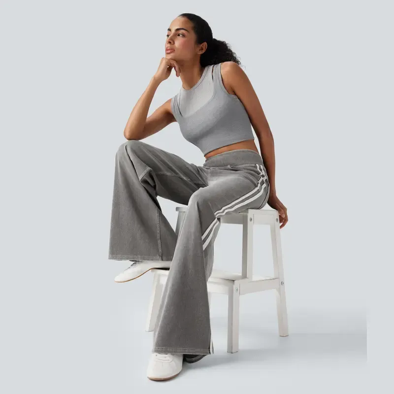 Vibecurve® High Waisted Stripe Wide Leg Flowy Washed Casual Jeans with Pockets