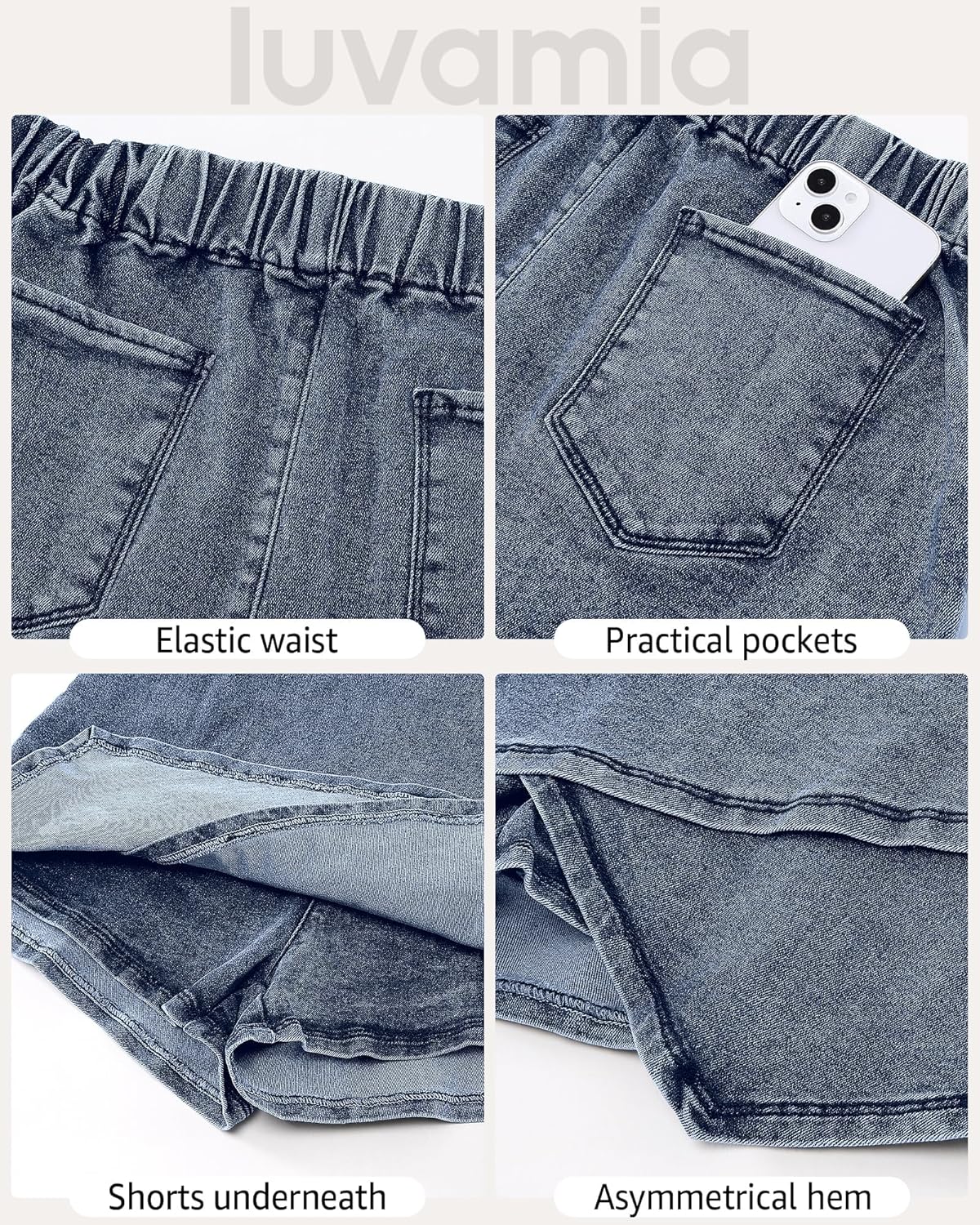 luvamia Jean Skorts for Woman High Waisted Pull On Stretchy Denim Wrap Skirt with Shorts Trendy Asymmetrical Skort