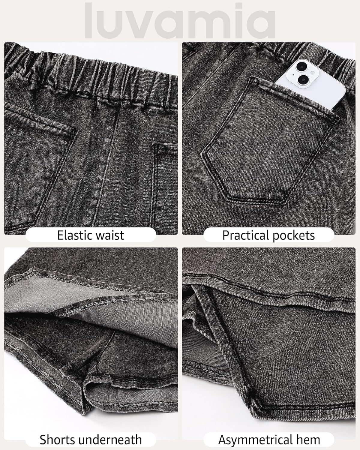 luvamia Jean Skorts for Woman High Waisted Pull On Stretchy Denim Wrap Skirt with Shorts Trendy Asymmetrical Skort