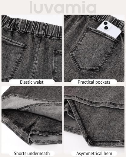 luvamia Jean Skorts for Woman High Waisted Pull On Stretchy Denim Wrap Skirt with Shorts Trendy Asymmetrical Skort