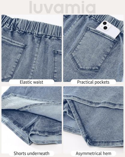 luvamia Jean Skorts for Woman High Waisted Pull On Stretchy Denim Wrap Skirt with Shorts Trendy Asymmetrical Skort