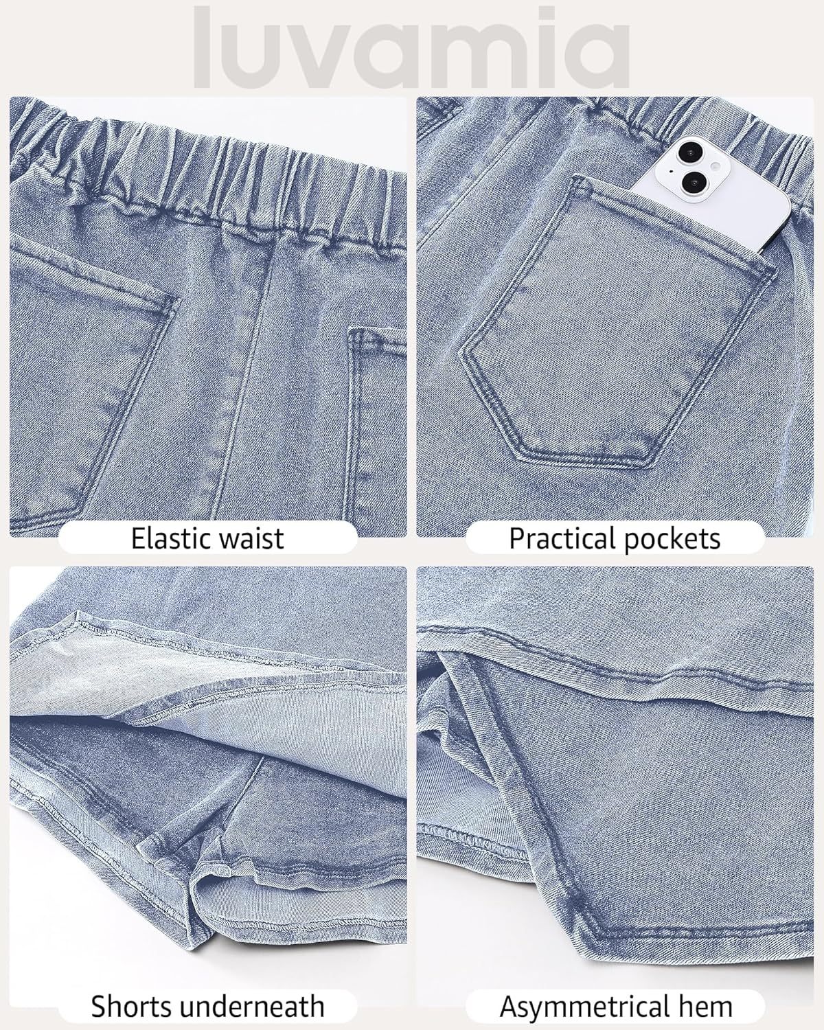 luvamia Jean Skorts for Woman High Waisted Pull On Stretchy Denim Wrap Skirt with Shorts Trendy Asymmetrical Skort