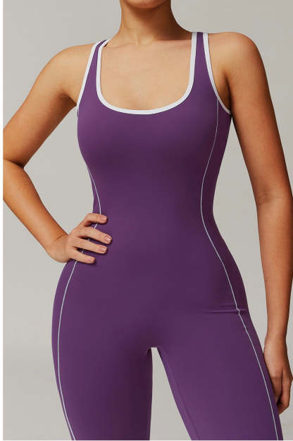 Vibecurve® Cutout Back Contrast Piping Flare Jumpsuit