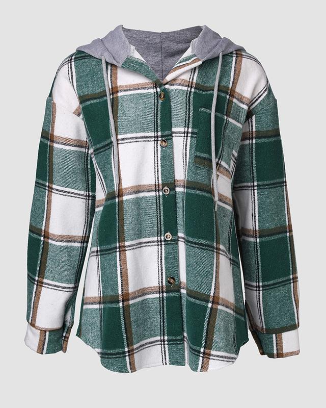 Vibecurve® Plaid Pattern Long Sleeve Shacket Button Down Fleece Lined Hooded Jackets Warm Coat