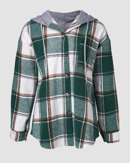Vibecurve® Plaid Pattern Long Sleeve Shacket Button Down Fleece Lined Hooded Jackets Warm Coat