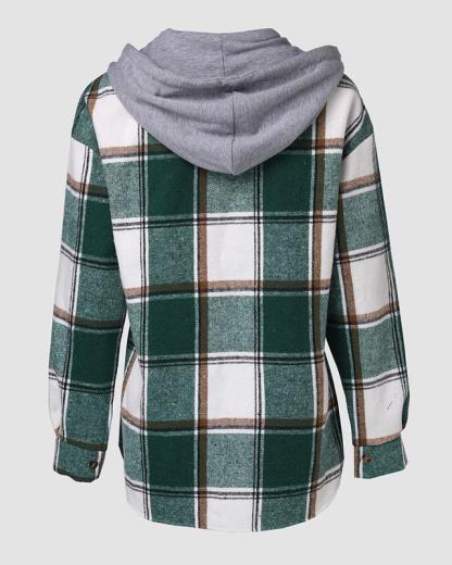 Vibecurve® Plaid Pattern Long Sleeve Shacket Button Down Fleece Lined Hooded Jackets Warm Coat