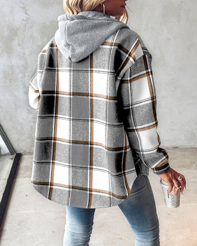 Vibecurve® Plaid Pattern Long Sleeve Shacket Button Down Fleece Lined Hooded Jackets Warm Coat