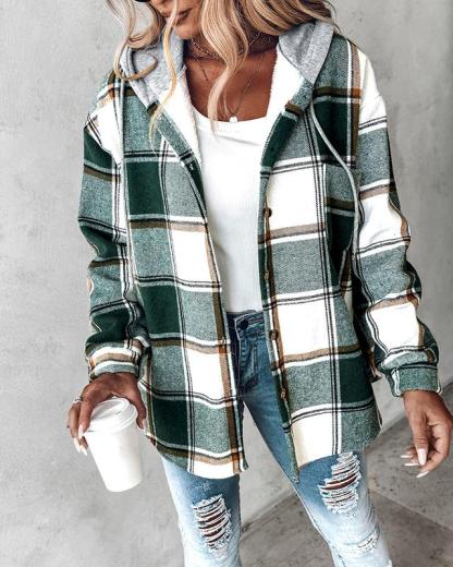 Vibecurve® Plaid Pattern Long Sleeve Shacket Button Down Fleece Lined Hooded Jackets Warm Coat