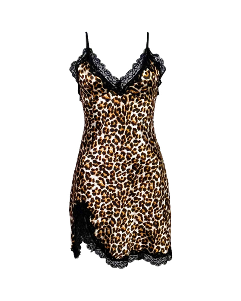 Vibecurve®Leopard lace lace slit sexy sling V-neck nightgown